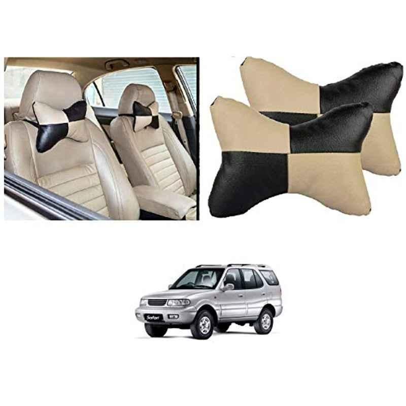 Kozdiko 2 Pcs Black & Beige Car Square Chess Design Neck Rest Seat Pillow Set for Tata Safari Dicor