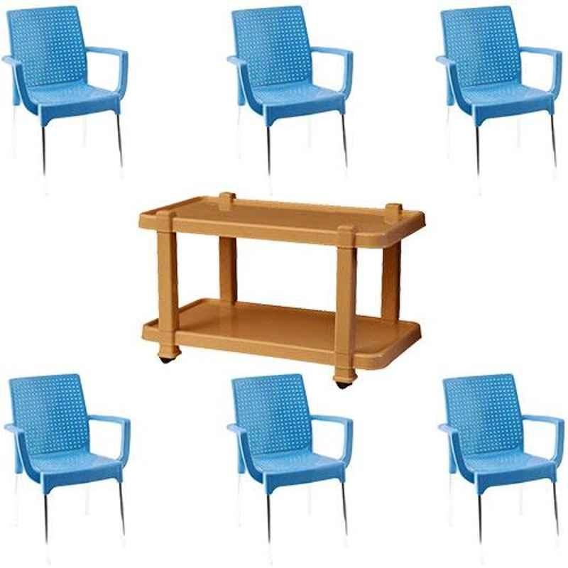 Italica 6 Pcs Polypropylene Light Blue Plasteel Arm Chair & Marble Beige Table with Wheels Set, 1215-6/9509