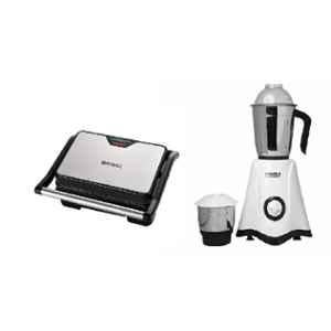 Pringle GM722 850W Plastic Black & Grey 2 Slice Sandwich Maker & Crown 500W ABS Black & White Mixer Grinder with 2 Jar Combo