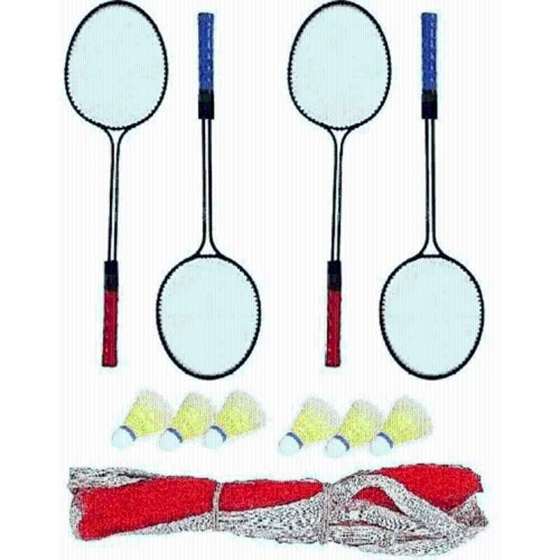 NS Sports 2 Pcs Blue, Red & Yellow Badminton Racket Pack of 4 Pcs with 6 Pcs Plastic Shuttle & 1 Pcs Badminton Net
