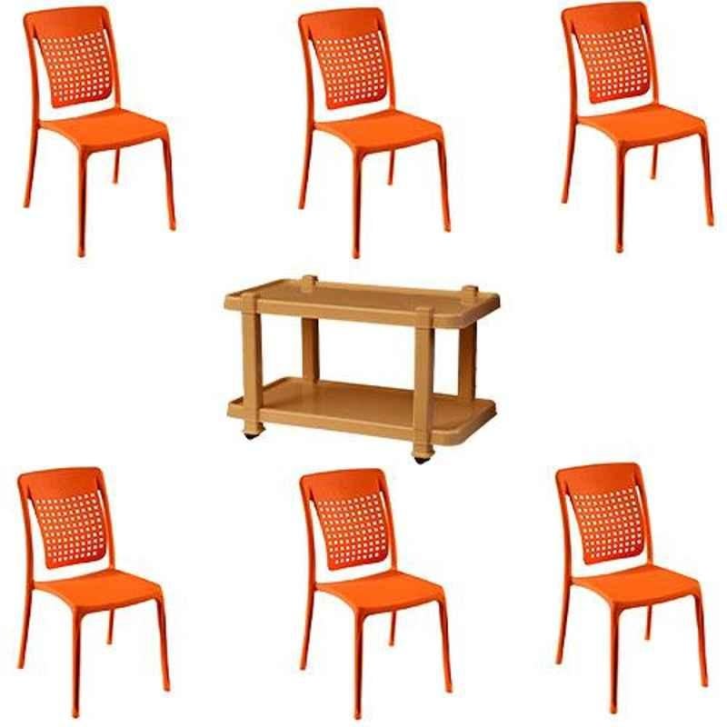 Italica 6 Pcs Polypropylene Orange Spine Care Chair & Marble Beige Table with Wheels Set, 2109-6/9509