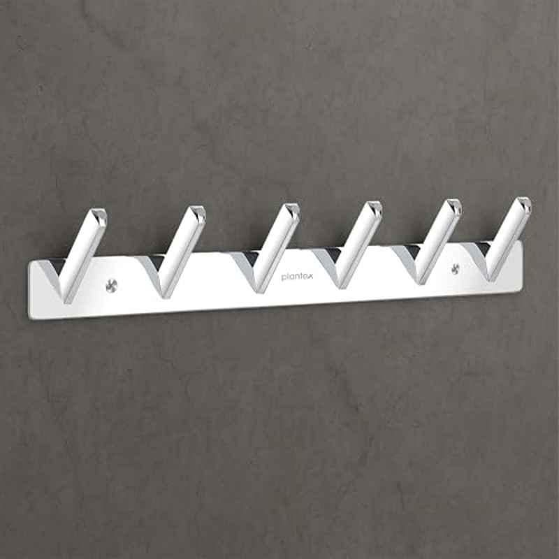 Plantex Wall Hooks for Hanging Cloth/Stainless Steel Towel Hangers/Bathroom Robe Hooks/Door Hangers/Square Wall Hook/Hook Rail for Hanging Keys 6 Hooks, Chrome