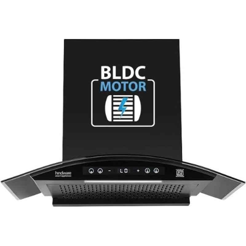 Hindware Sancia BLDC 75 60cm 1400CMH Black Filterless Autoclean Curved Glass Kitchen Chimney with Motion Sensor, Touch Control & 3 Years Warranty, 528046