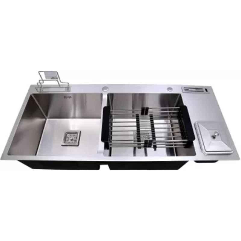 Prestige 45x20x10 inch Stainless Steel Satin Silver Double Bowl Kitchen Sink with Dustbin & Tap Hole