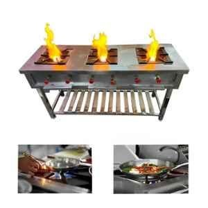 Sara Stainless Steel Rectangular Three Burner Gas Bhatti with 6 Knobs
