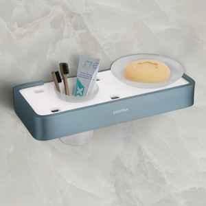 Plantex Aluminium & Acrylic Soap Holder with Tumbler Holder/Soap Dish with Toothbrush Holder for Bathroom/Soap Stand/Toothpaste Holder (Grey & Milky White)