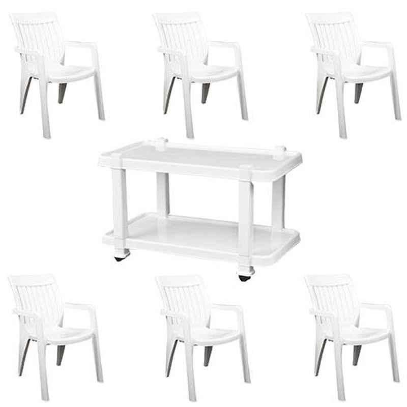 Italica 6 Pcs Polypropylene White Premium Arm Chair & White Table with Wheels Set, 9012-6/9509
