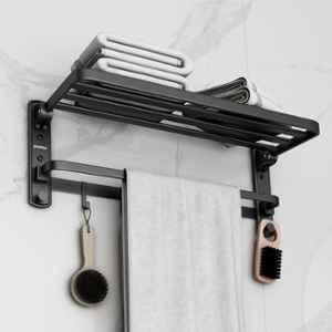Plantex 24 inch Aluminium Black Powder Coated Self Adhesive 180 deg Folding Towel Holder for Bathroom