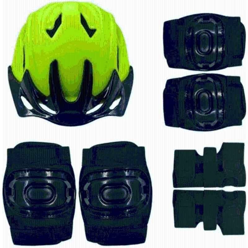 STYRKR 7 Pcs 55cm Plastic, Hard Foam & Elastic Green & Black Skating & Cycling Safety Kit for 6-13 Age Group Kids