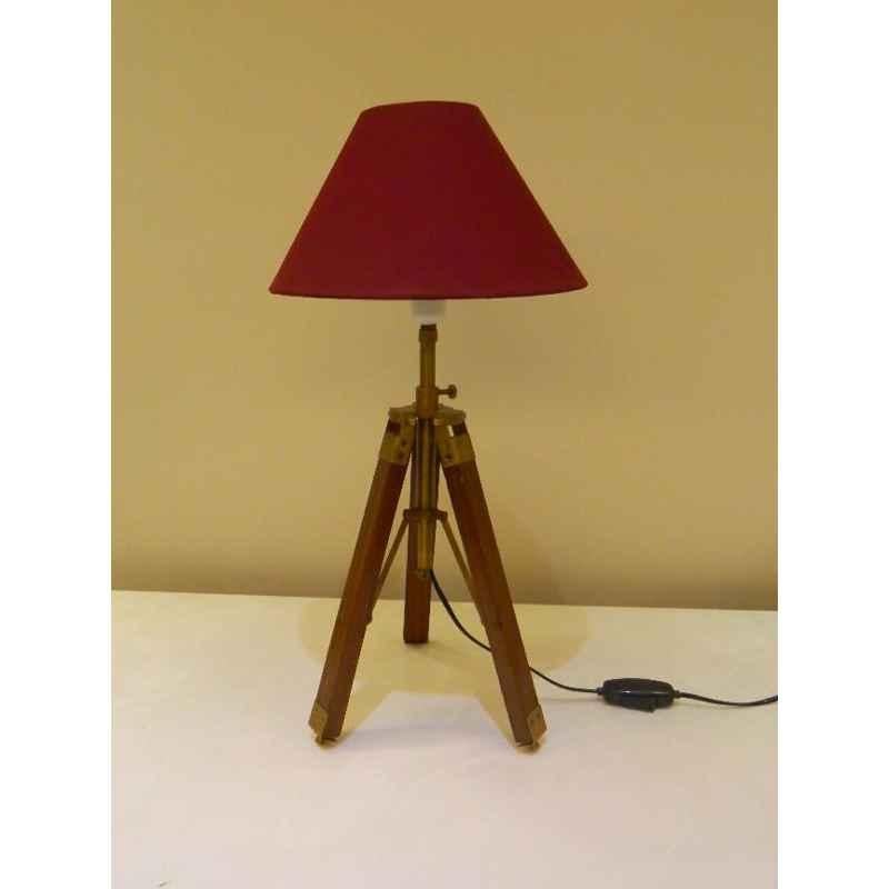 Tucasa Mango Wood Brown Tripod Table Lamp with Polycotton Maroon Shade, P-66