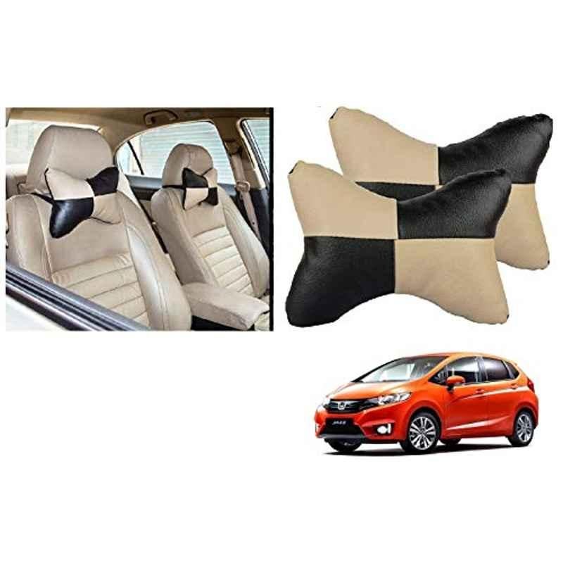 Kozdiko 2 Pcs Black & Beige Car Square Chess Design Neck Rest Seat Pillow Set for Honda Jazz