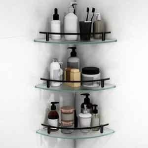 Plantex Premium Frosted Glass Corner Shelves for Bathroom/Living Room Wall Mounted Shelf with Black Railings and Brackets/Bathroom Accessories 9x9 inch es, (Pack of 3)