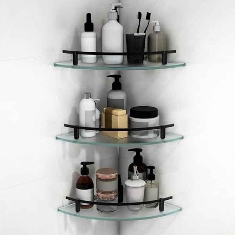 Plantex Premium Frosted Glass Corner Shelves for Bathroom/Living Room Wall Mounted Shelf with Black Railings and Brackets/Bathroom Accessories 9x9 inch es, (Pack of 3)
