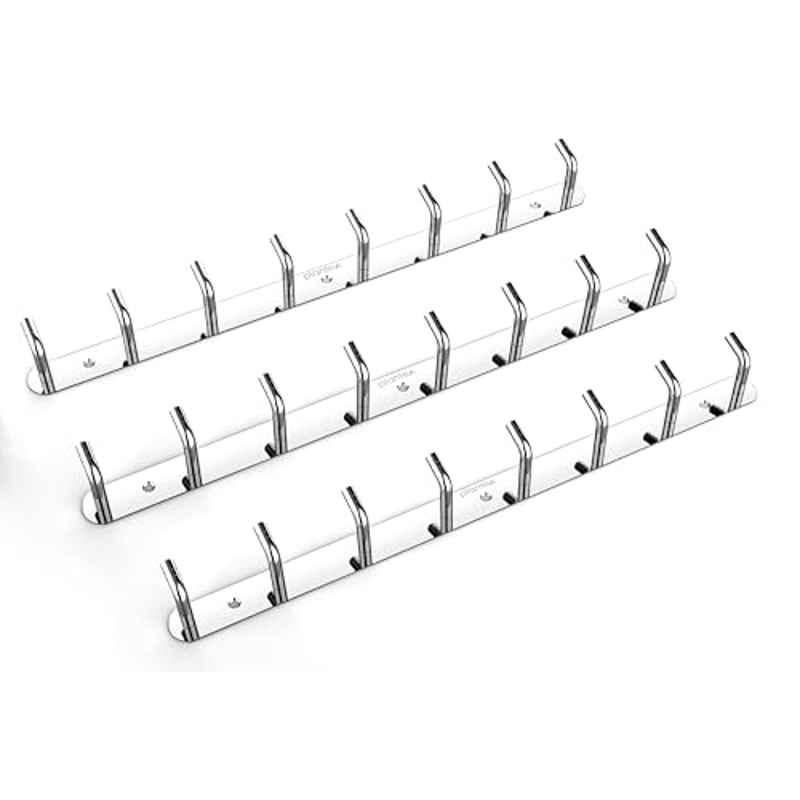 Plantex Wall Hooks for Hanging Cloth/Stainless Steel Towel Hangers/Bathroom Robe Hooks/Door Hangers/Wall Hook Rack/Hook Rail for Hanging Keys 8 Hooks (Pack of 3), Chrome