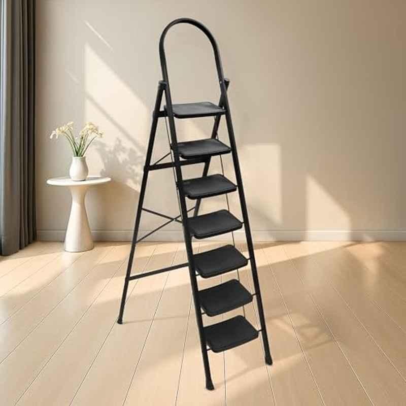 Plantex Hercules Pro 7-Step Foldable Ladder for Home with 150kg Load Capacity/Heavy-Duty Steel Ladder/Anti-Slip Wide Step/Strong, Stable & Multi-Purpose Black