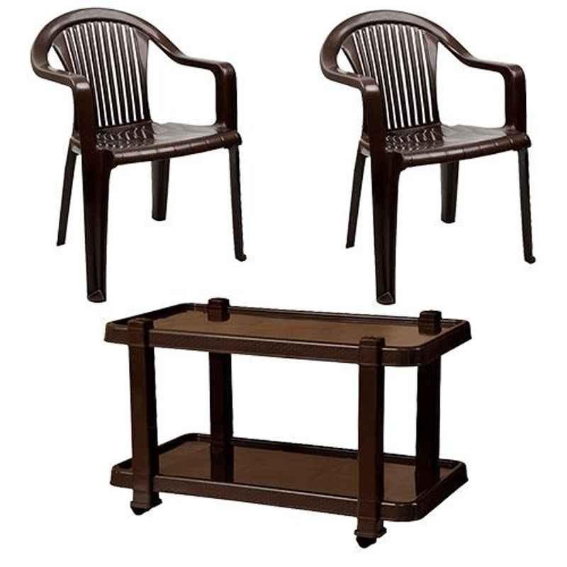 Italica 2 Pcs Polypropylene Nut Brown Premium Arm Chair & Nut Brown Table with Wheels Set, 9201-2/9509