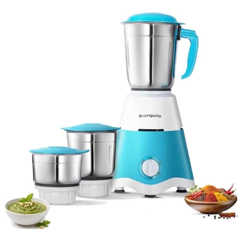 Longway Super Dlx 500W ABS Plastic Blue & White Mixer Grinder with 3 Jars & 2 Years Warranty