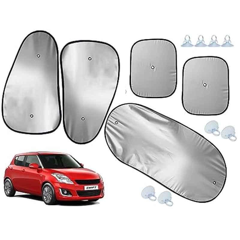 Auto Pearl 5 Pcs Polyester Black & Silver Window & Rear Sun Shade Set for Maruti Suzuki Swift 2015-2017
