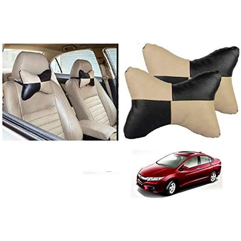 Kozdiko 2 Pcs Black & Beige Car Square Chess Design Neck Rest Seat Pillow Set for Honda Idtec (2010-2014)
