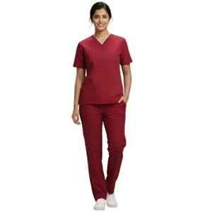 Design My Dress Bharat Polyester & Viscose Maroon V Neck Scrub Suit for Women, Size: Medium, 1033