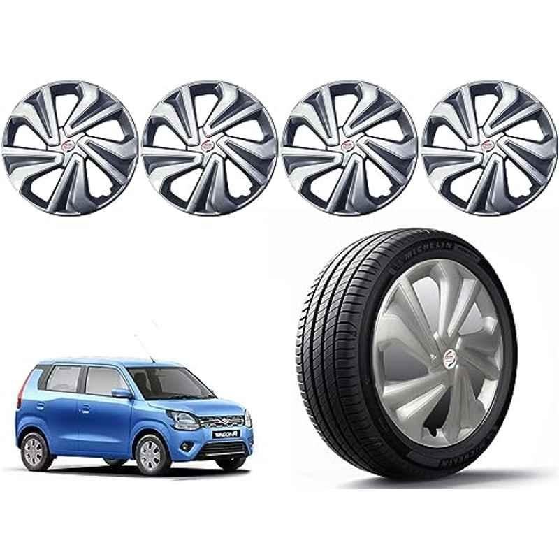Auto Pearl 4 Pcs 14 inch Polypropylene Silver Press Type Car Wheel Cover Set with Retention Ring for Maruti Suzuki WagonR Type 4 2019-2022