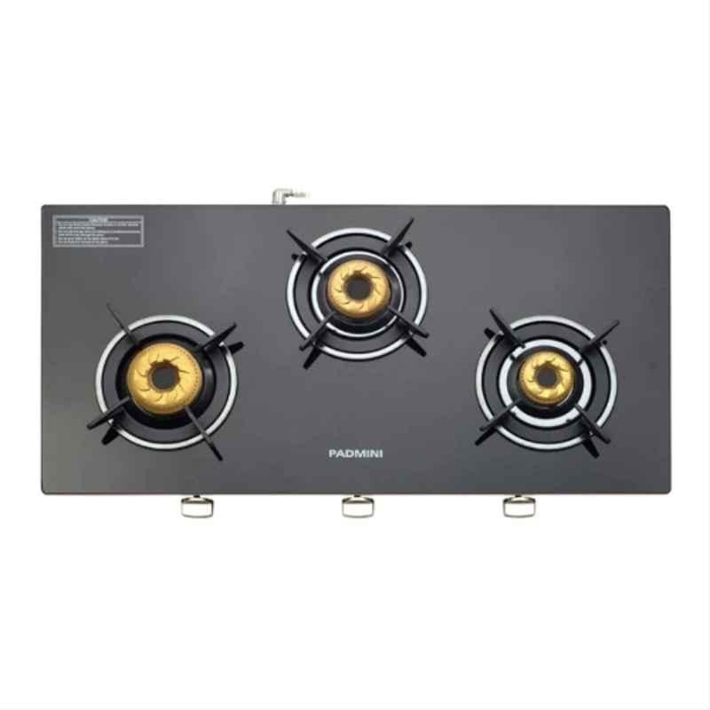 Padmini 3 Burner Stainless Steel Black Automatic Ignition Glass Top Gas Stove, 3 GT Gold Auto