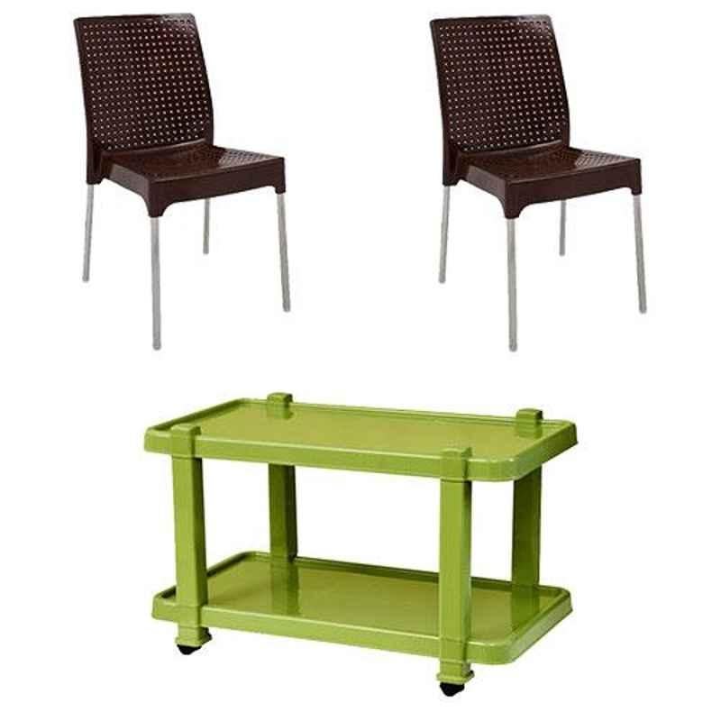 Italica 2 Pcs Polypropylene Standard Brown Plasteel without Arm Chair & Green Table with Wheels Set, 1206-2/9509