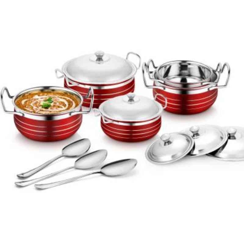 Classic Essentials H05-RED 10 Pcs Stainless Steel Induction Base Cookware Handi Set with Lid