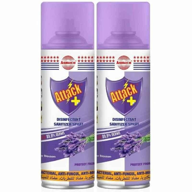 Asmaco Attack Disinfectant Sanitizer Spray, Lavender, 400ml, 2 Pcs/Pack