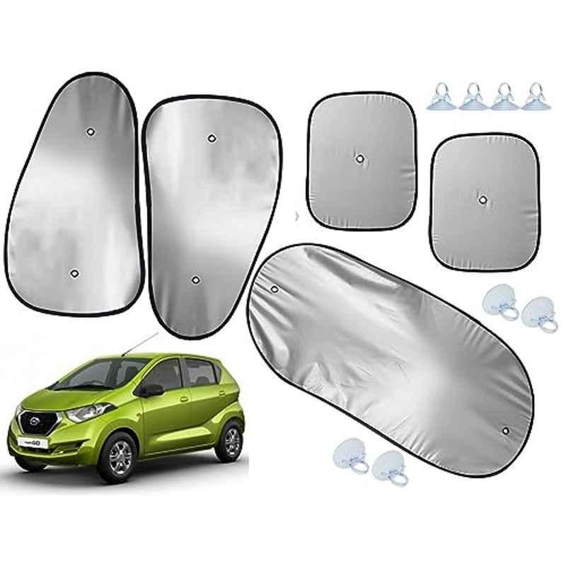Auto Pearl 5 Pcs Polyester Black & Silver Window & Rear Sun Shade Set for Datsun Redi GO