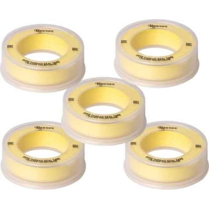 Renvox Single Sided PTFE Yellow Thread Seal Teflon Tape for Plumbing Pipe Fittings (Pack of 5)