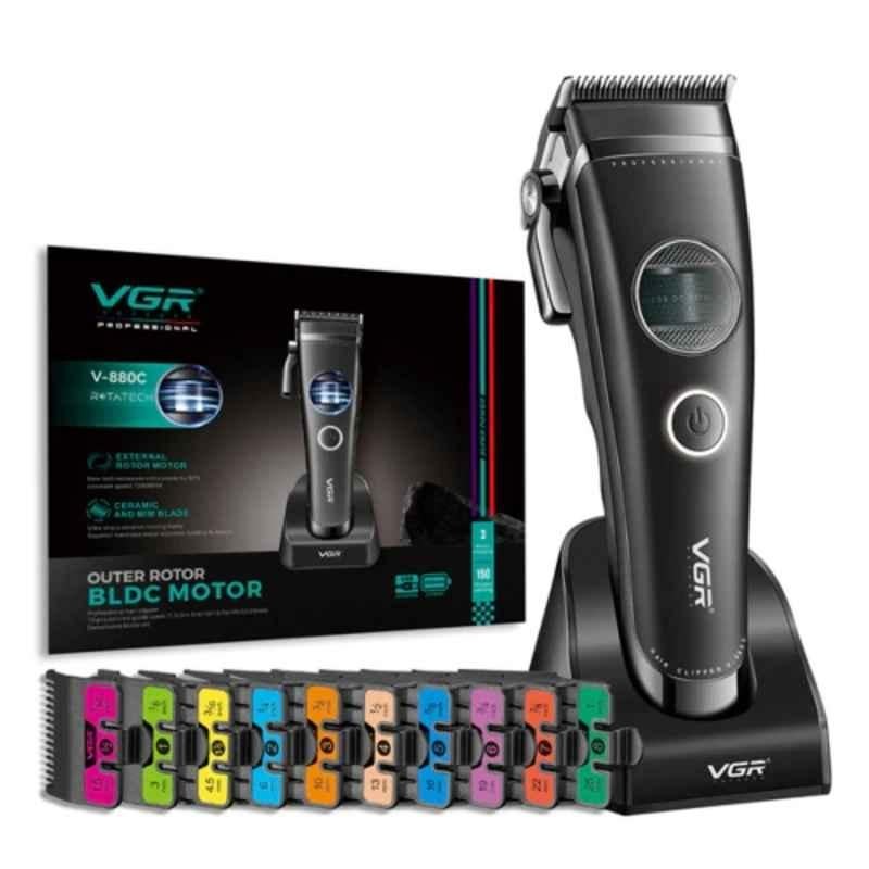 VGR V-880C Plastic Black Professional Hair Clipper with 150min Runtime, 10 Guide Combs & 1 Year Warranty