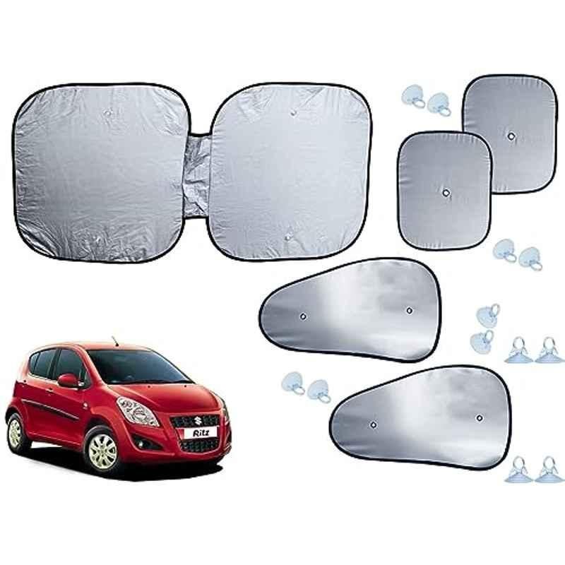 Auto Pearl 5 Pcs Polyester Black & Silver Window & Front Sun Shade Set for Maruti Suzuki Ritz Type 1 2012-14