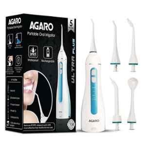 AGARO Ultra Plus 200ml White & Blue Portable Dental Flosser for Teeth with 5 Nozzles & 4 Cleaning Modes, 33656