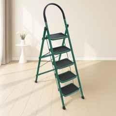 Plantex Hercules Pro 5-Step Green Foldable Ladder for Home with 150kg Load Capacity/Heavy-Duty Steel Ladder/Anti-Slip Wide Step/Strong, Stable & Multi-Purpose