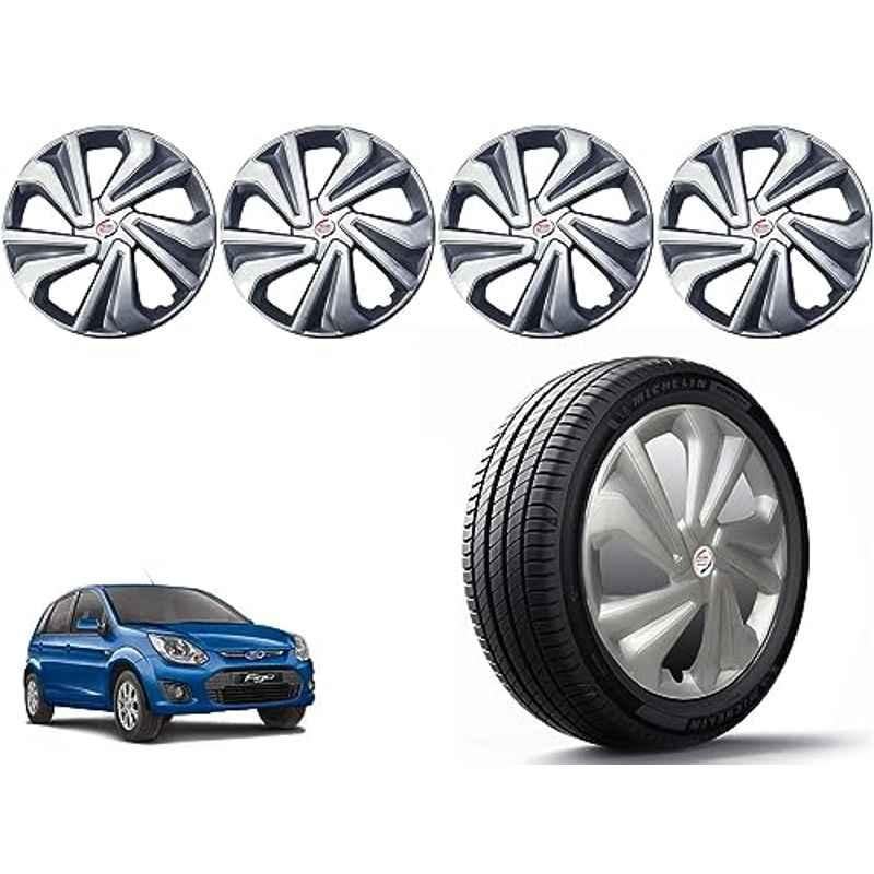 Auto Pearl 4 Pcs 14 inch Polypropylene Silver Press Type Car Wheel Cover Set with Retention Ring for Ford Figo Type 2 2012-2014, 14WC_Tiago_Silver_FigoType2_2012_14