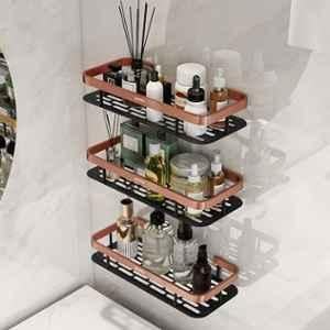 Plantex Self Adhesive Bathroom Shelf for Wall/Stainless Steel Rack with Aluminium Railing & Magic Stickers/Bathroom Organiser - Pack of 3 (12x5 inches, Copper & Black)