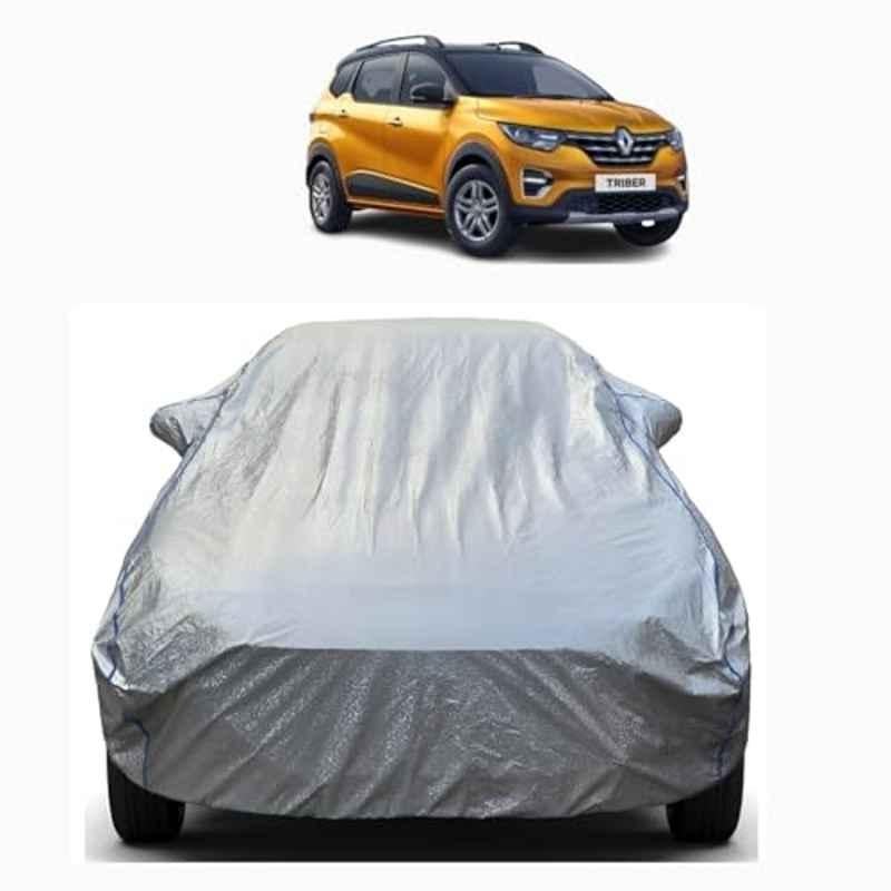 Aarex Auto Polyester Silver 100% Waterproof Car Body Cover with Mirror Pocket & Bottom Elastic Triple Stitched for Renaults Triber (2015-2026) Model, BRZ-03-Silver