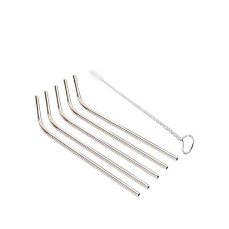 266x6mm Silver Bent Drinking Straw Set with Cleaning Brush (Pack of 5)