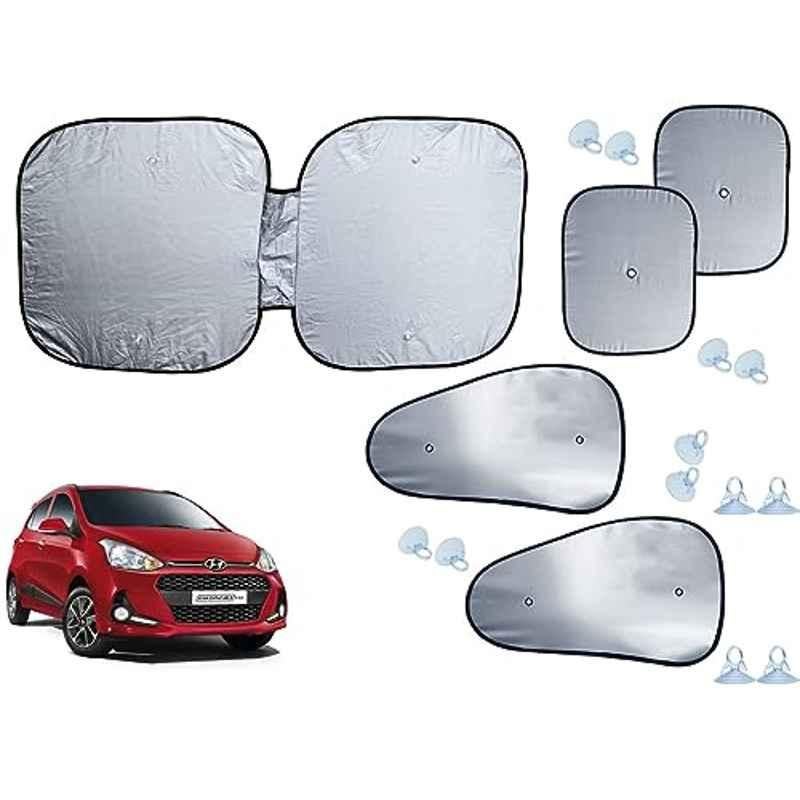 Auto Pearl 5 Pcs Polyester Black & Silver Window & Front Sun Shade Set for Hyundai i10 Grand 2017