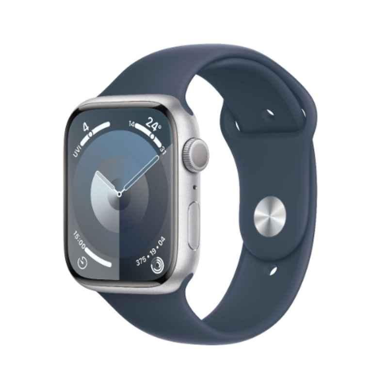Apple 9 45mm Silver Aluminium Case GPS & Cellular Smart Watch with M/L Storm Blue Sport Band, MR9E3QA/A