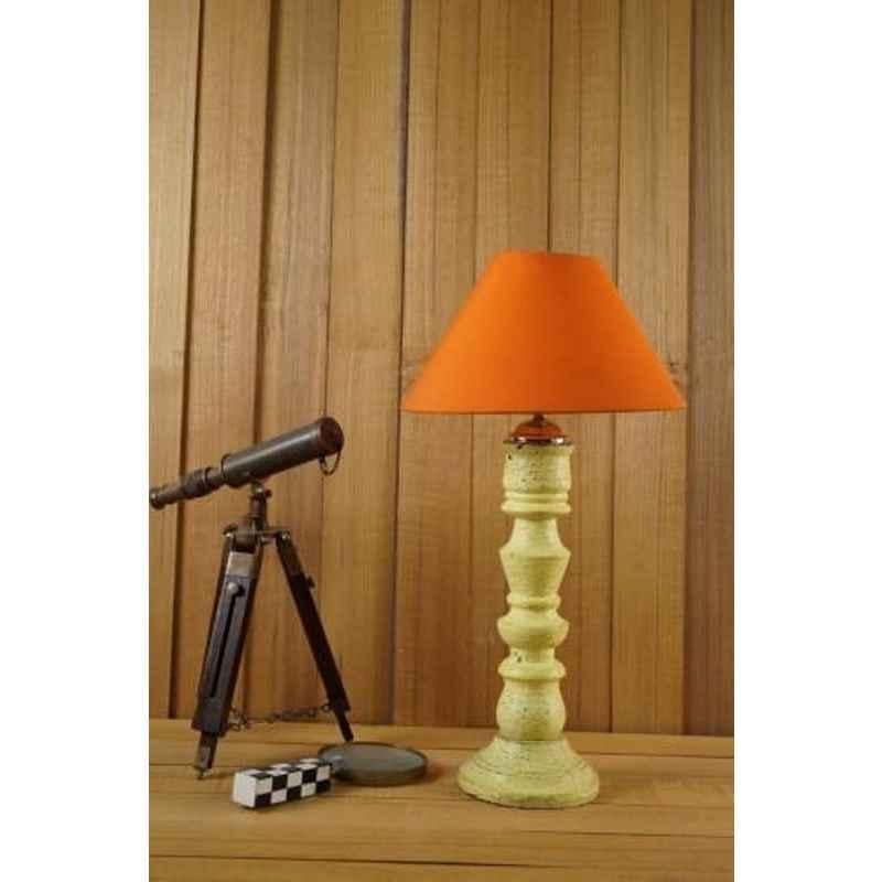 Tucasa Mango Wood Vintage Yellow Table Lamp with 10 inch Polycotton Orange Pyramid Shade, WL-264