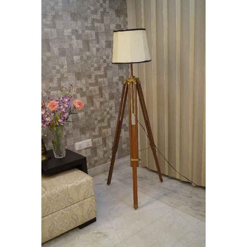Tucasa Mango Wood Brown Tripod Floor Lamp with Polycotton Off White Shade, P-81