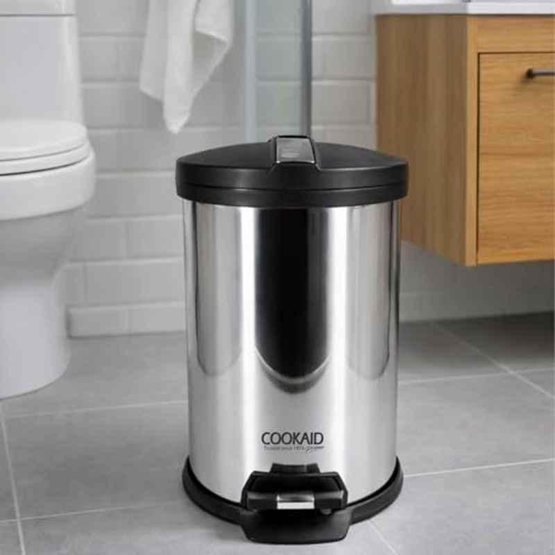 Cookaid 12 Litre Stainless Steel Silver Round Pedal Dustbin with Plastic Bucket for Kitchen & Bathroom, CKD-DBNC-12-52