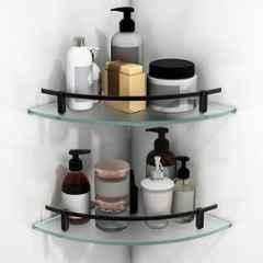 Plantex Premium Frosted Glass Corner Shelf for Bathroom/Kitchen Glass Shelf with Brass Railings & Brackets/Bathroom Corner Shelf/Storage Rack Black-9x9 inch (Pack of 2)