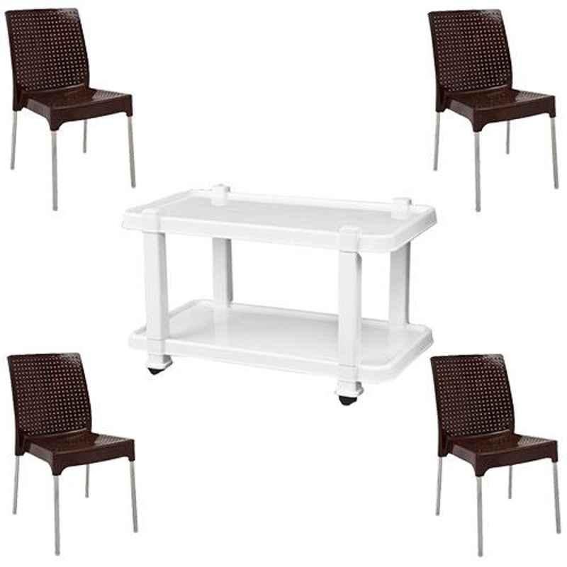 Italica 4 Pcs Polypropylene Standard Brown Plasteel without Arm Chair & White Table with Wheels Set, 1206-4/9509