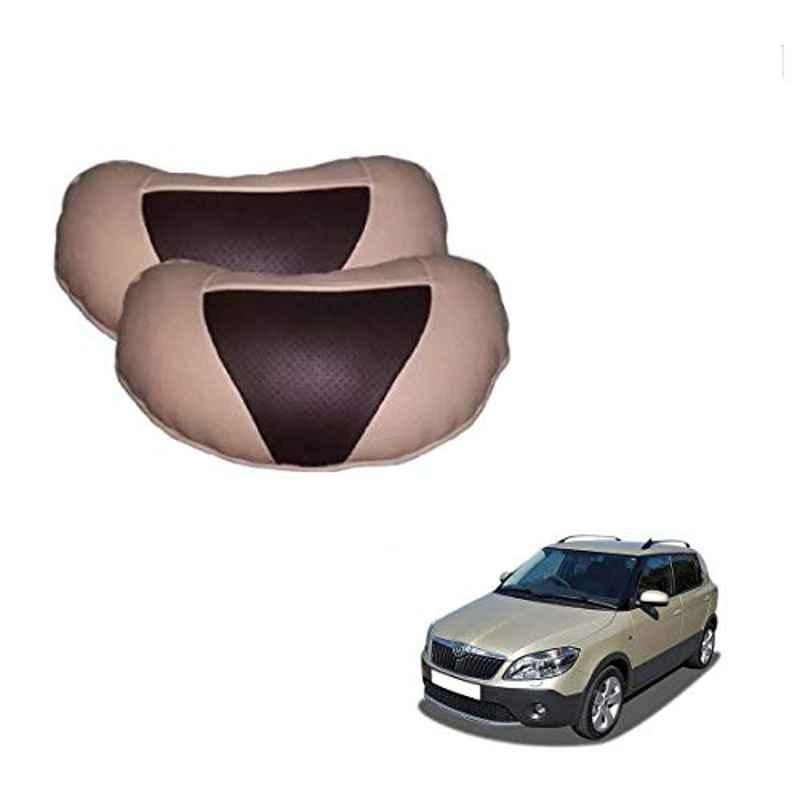 Kozdiko 2 Pcs Beige & Brown Car Neck Rest Cushion Pillow Set for Skoda Fabia