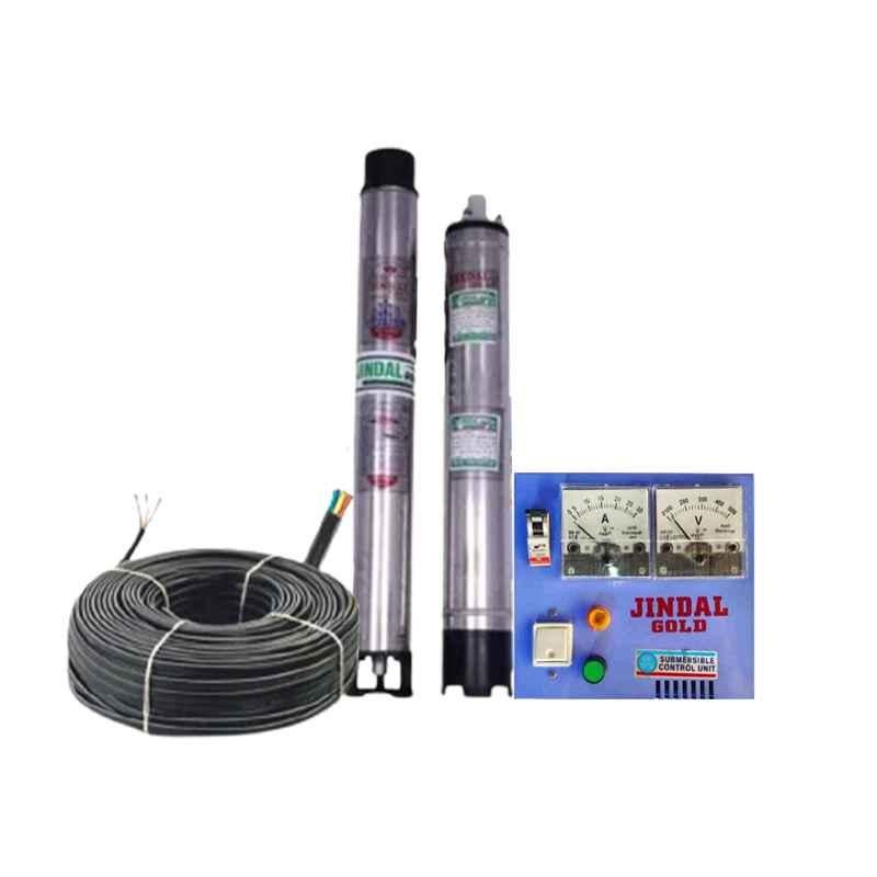Jindal Gold 1.5HP 12 Stage Single Phase Copper Winding Water Filled Submersible Pump with Control Panel, 30m Wire & Safety Cable