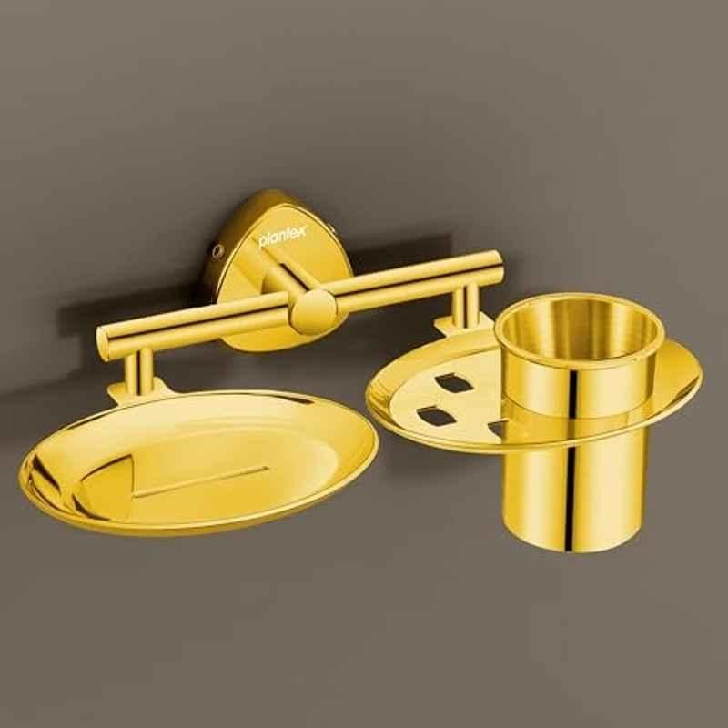 Plantex Soap Dish with Tumbler Holder/Stainless Steel 2in1 Soap Dish with Tumbler Stand/Soap Case/Toothbrush Holder for Bathroom R-217A, Gold