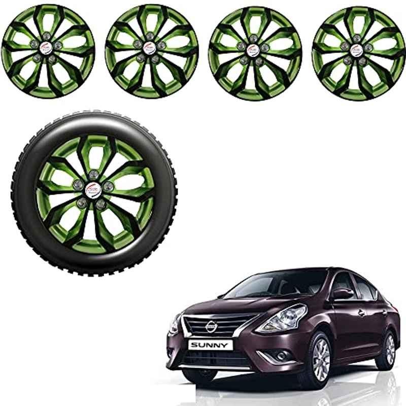 Auto Pearl 4 Pcs 15 inch Black & Green ABS Press Type Hubcap Wheel Cover Set with Retention Ring for Nissan SunnyNew